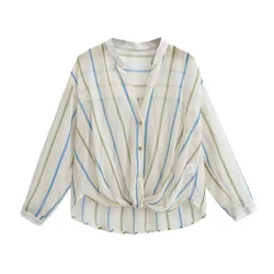 PB&ZA 2024 early autumn new women's fashion versatile lapel long-sleeved gold striped loose slim shirt