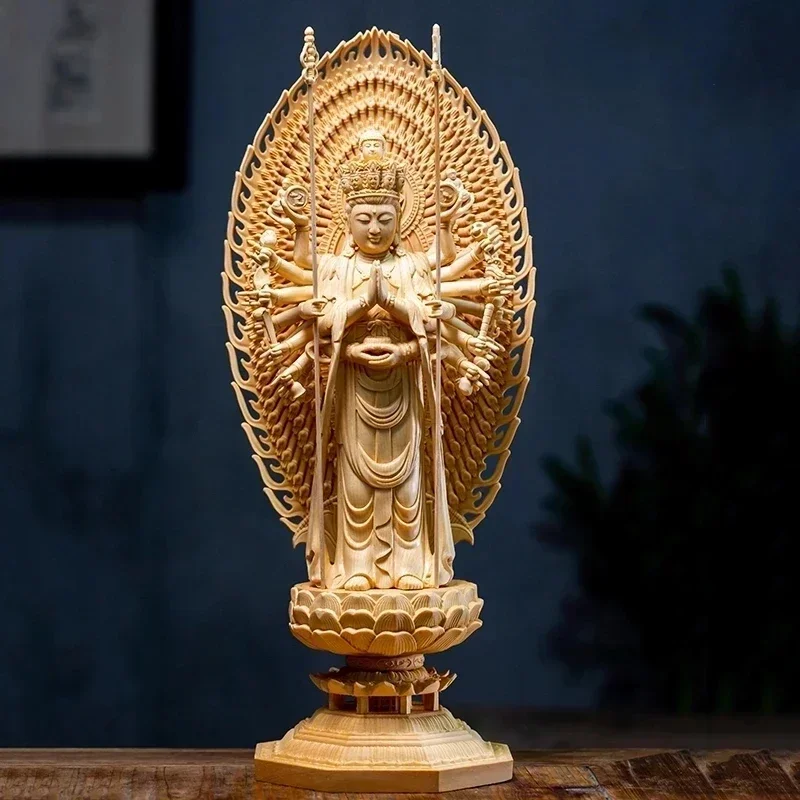 1pc Chinese Solid Wood Guanyin Buddha Statue Buddism Godness Guanyin Sculpture Home Furnishing Decoration Solid Wood Handicrafts