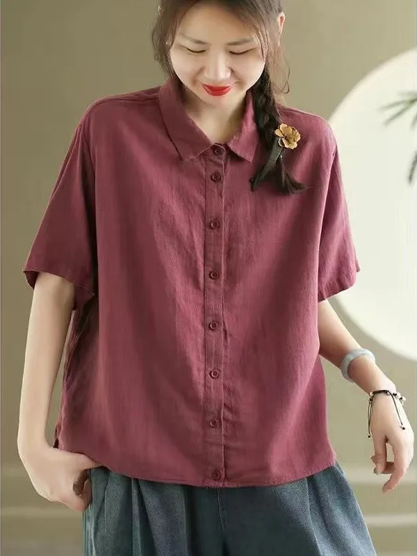 

Cotton Linen Collared ort Sve Pure Color irt Spring Summer New Sle Japanese Sle Loose Fit irt Artistic Commute S...