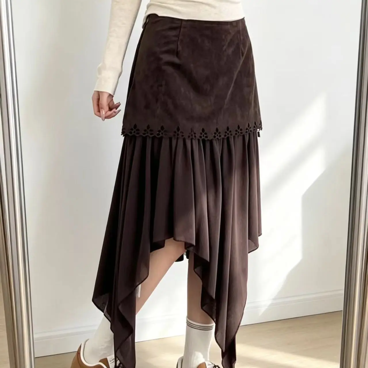 Irregular Ancient Retro Brown Women's Medium and Long Splicing Hollow Lace Crochet Splicing Mesh Skirt