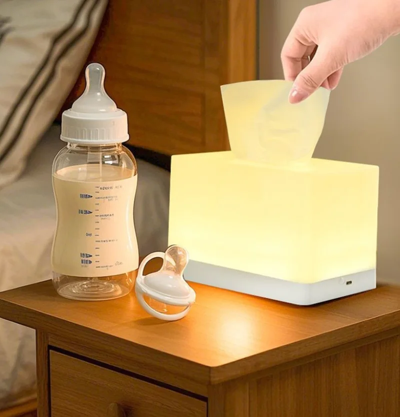 LED Night Light Tissue Box 2-in-1 Multifunctional Desktop Ambient Light Nighttime Nursing Light Tissue Dispenser with Rechargeab