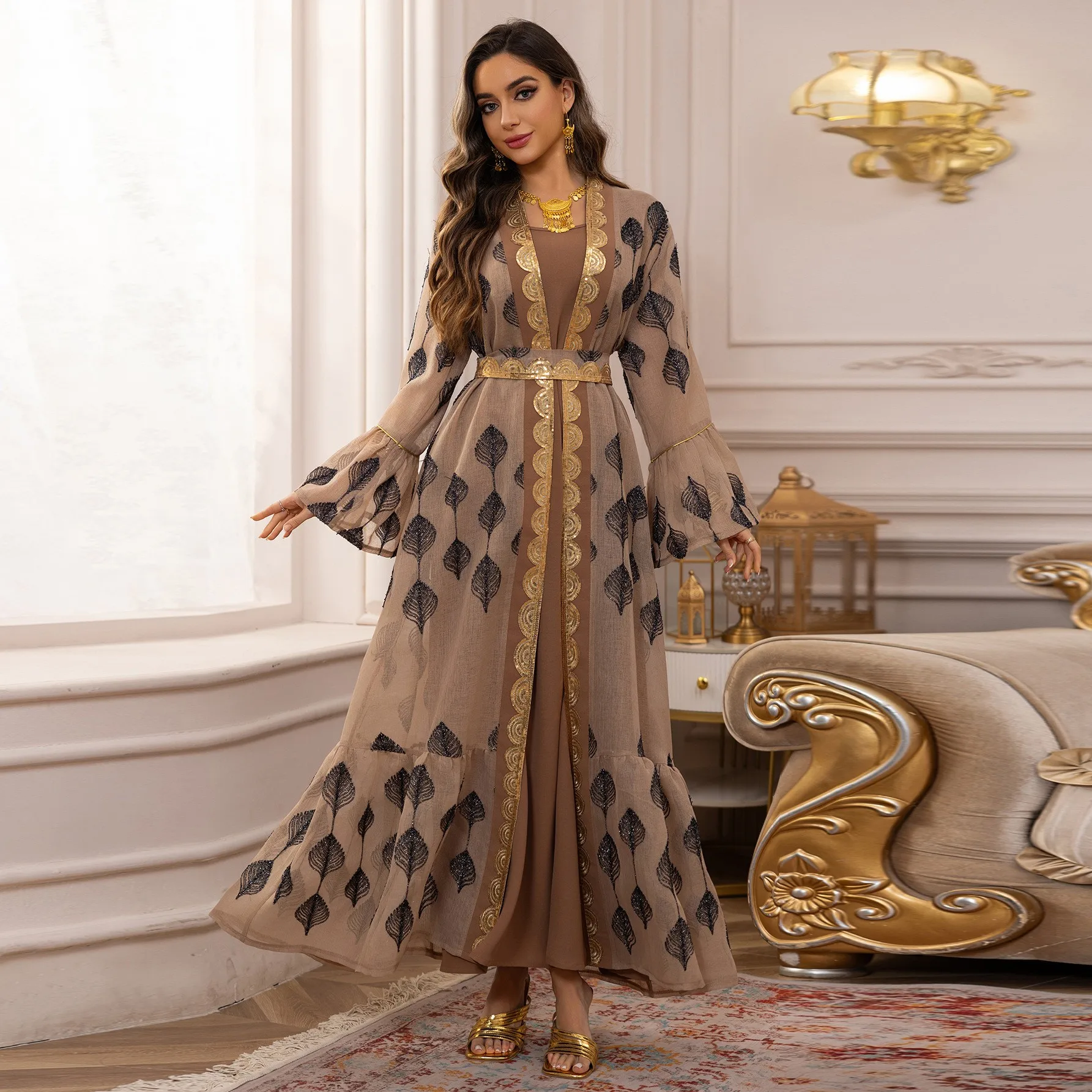 

Ethnic Dress Mesh Black Leaf Print Dresses V Neck Long Bell Sleeves Maxi Dress Belted Waist Tiered Skirt Floor Length Kaftan
