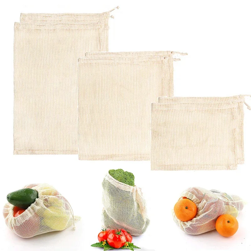 Eco Vegetable Reusable Bag Cotton Mesh Bags Produce Bag for Kitchen Fruit Vegetable Bags Reusable Cotton Shopping Bag