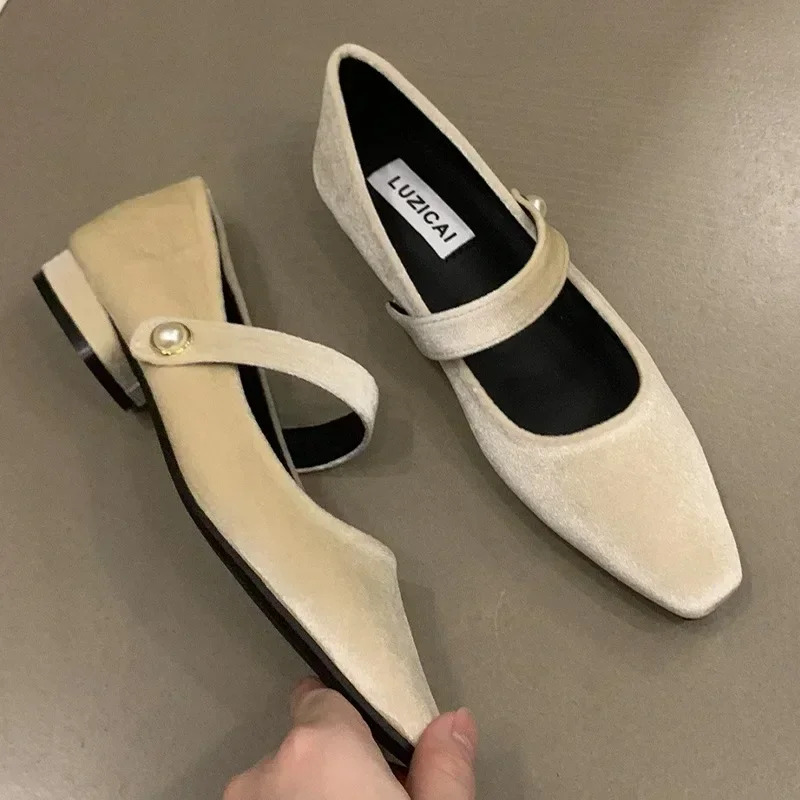 Suede Flats Loafers Women Marie Janes Spring Shoes 2024 Square Toe Ballet Dance Shoes Fashion Luxury Dress Zapatillas De Mujer