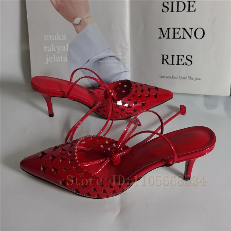 Pointed Toe Patent Leather Backless Stiletto Pumps Women Hollow Cutout Ankle Lace Up High Heels Elegant Party Office Dress Shoes