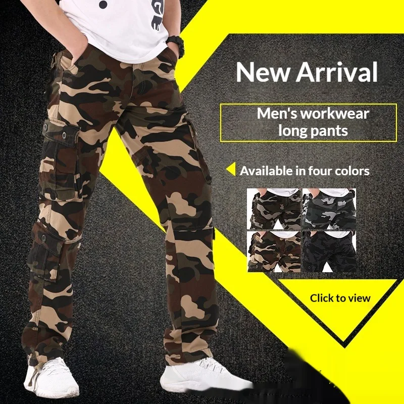 Men Loose Straight Camo Cargo Pants Multi Button Flap Pockets Camouflage Trousers For Outdoor Hunting Daily Spring Autumn Winter