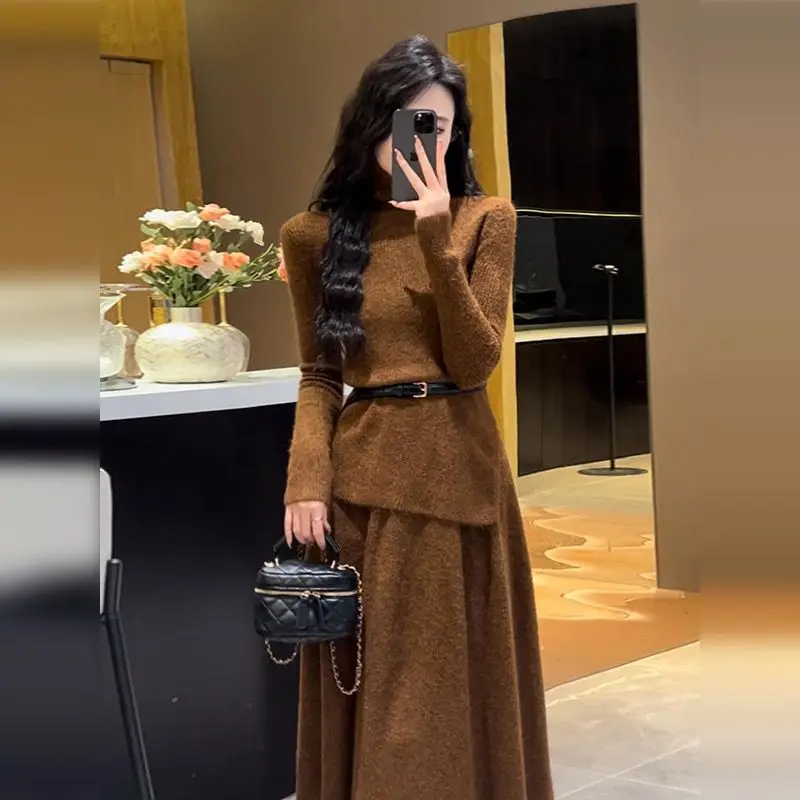 Elegant Autumn Winter Turtleneck Knitted Sweater 2 Piece Set New Women Long Sleeve Thick Warm Loose Pullover + Midi Skirt Suits