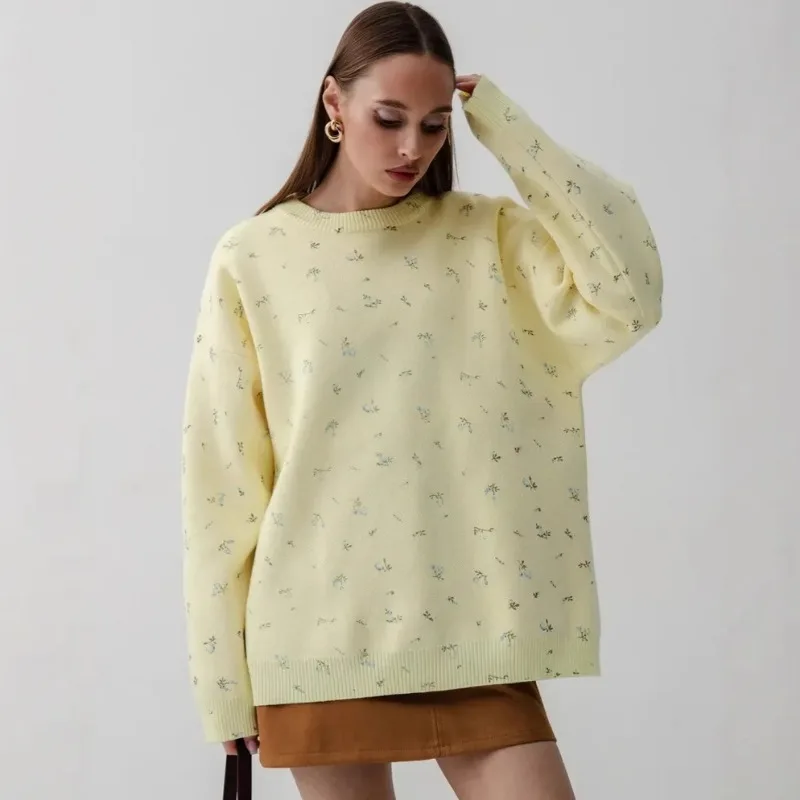 

Women Floral Printed Sweaters Autumn Winter Warm Knitwear Round Neck Long Sleeve Pullovers Female Casual Loose Knitted Tops