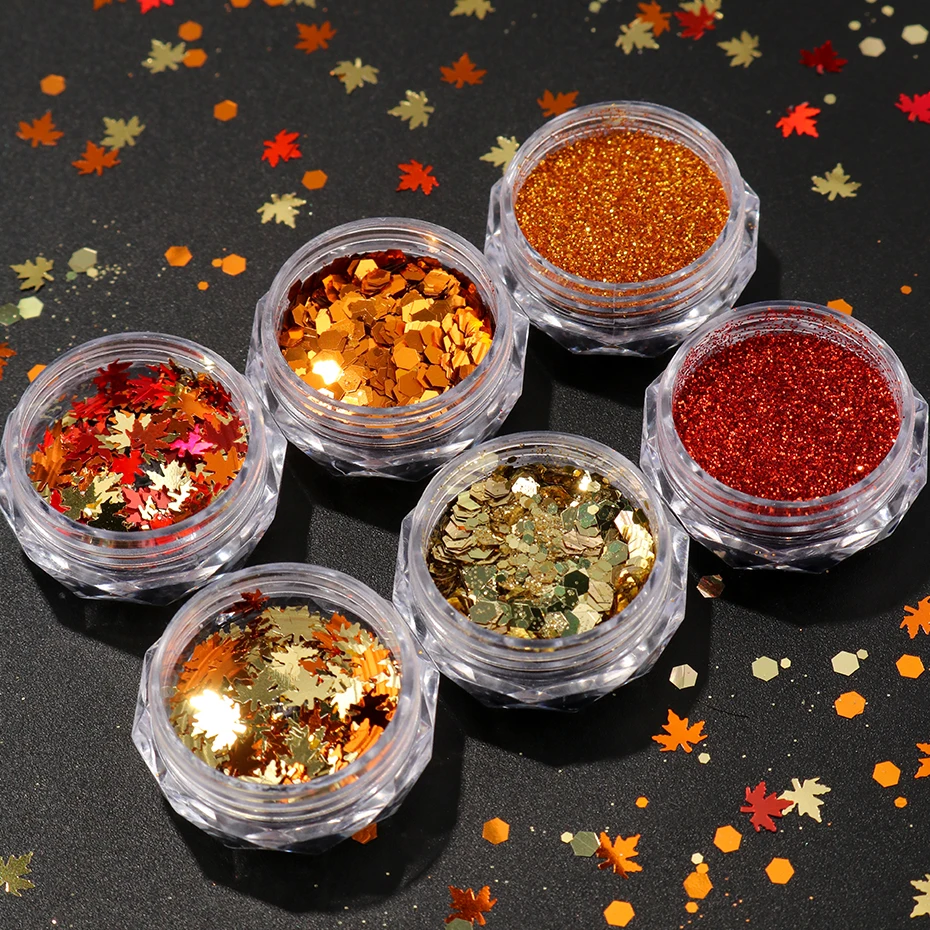 Feuille d'érable dorée pour Nail Art, paillettes, feuille d'automne, accessoires de décoration pour ongles, fourniture de conception de manucure professionnelle, 6 pièces/ensemble