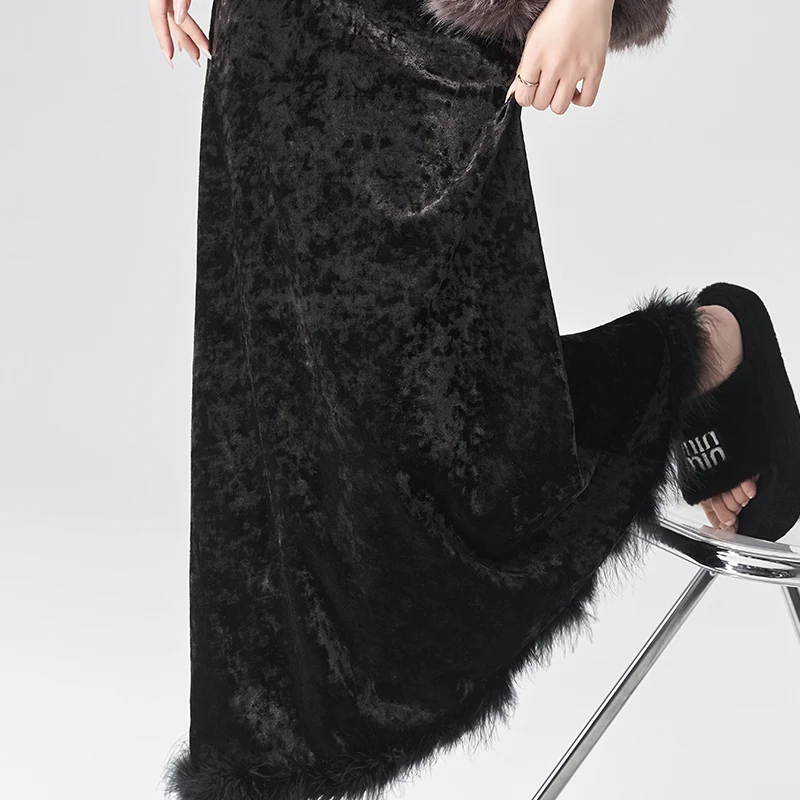 Elegant Black Velvet Feathers Fish Tail Half Skirt High Waist Women's Autumn Winter Long Skirt Cover Hip A-Line Skirt