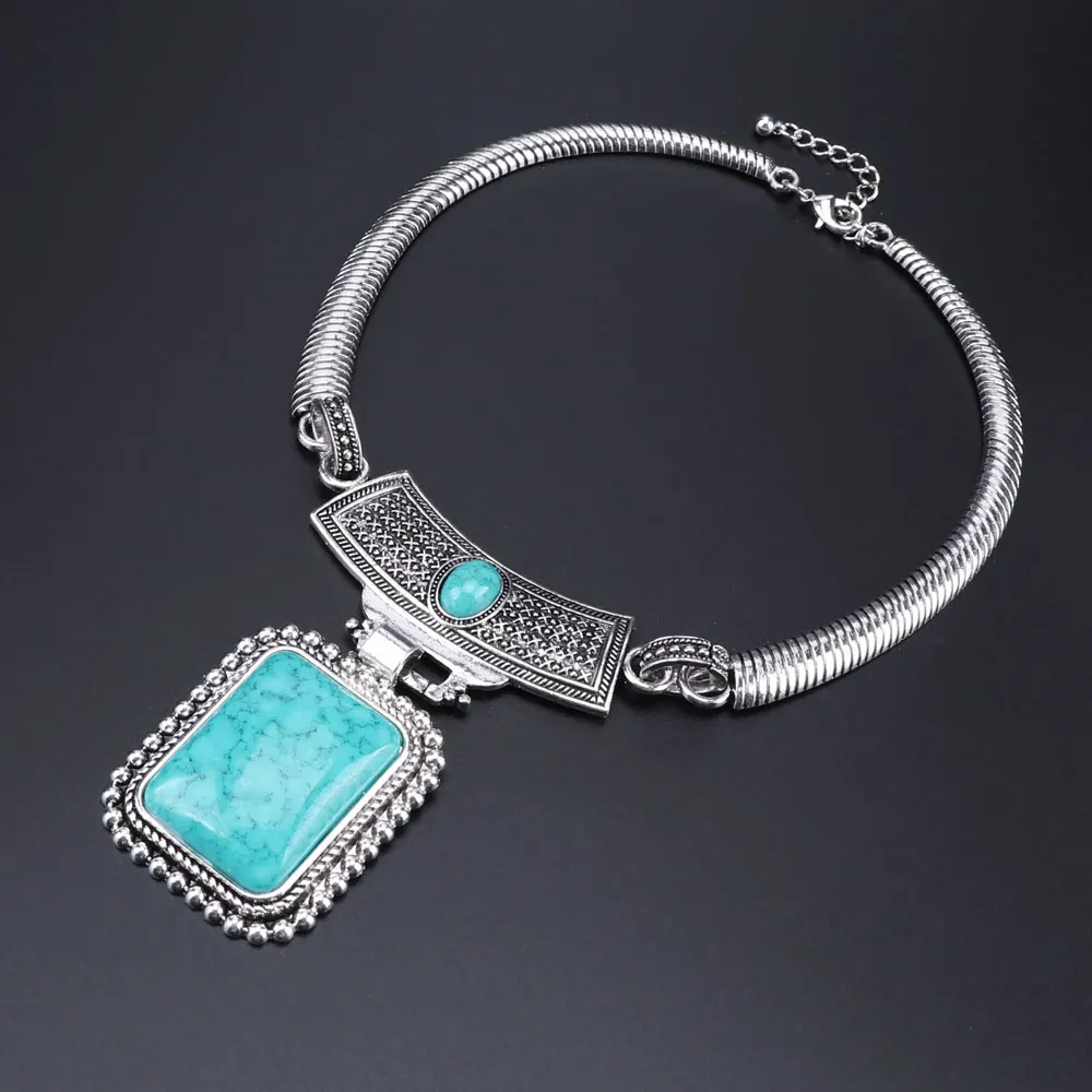 Fashion Turquoises Jewelry Set Rectangle Retro Ethnic Necklace Earrings Bracelet Sets Crystal Necklace Pendant Women\'s Elegant