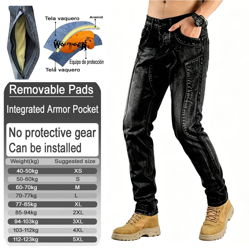 Aramid fiber Wolfrider motorcycle jeans for men touring motocross riding pants with armor pockets armor not included 036