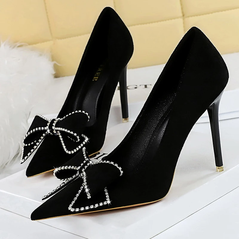 Rhinestone Bowknot Woman Pumps Suede High Heels Sexy Party Shoes Pointed Stilettos Women Heels Luxury Pumps Large Size 42 43