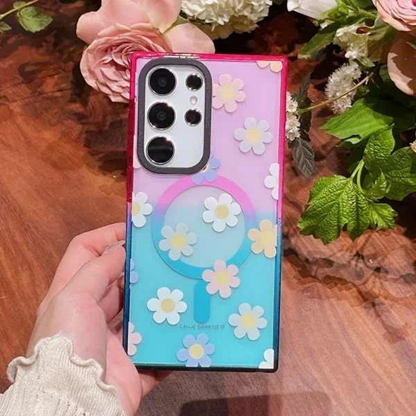 Daisy Flower Colorful Border MagSafe Acrylic Protective Case for Samsung Galaxy S22 U S23U S24 Ultra S24+ Plus Shell