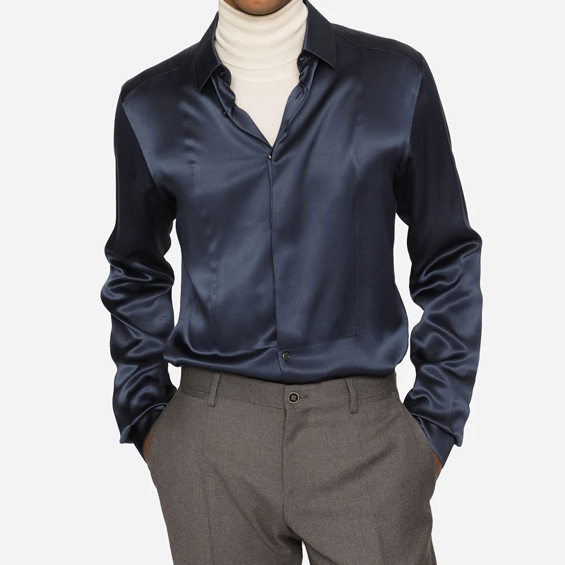 High quality natural mulberry silk men\'s shirt classic fashion elegant style silk long sleeved shirt for men