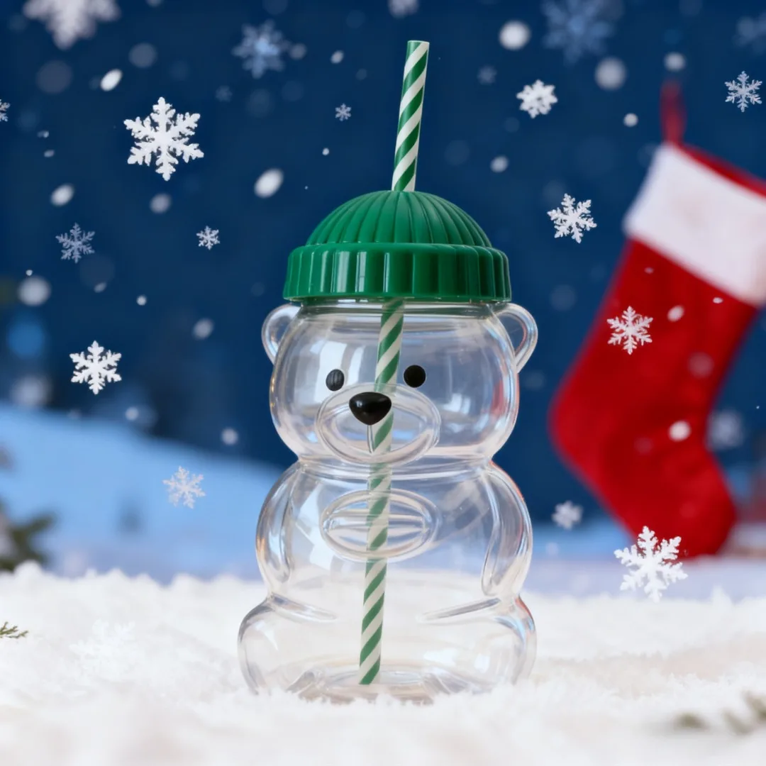 

Autumn green woolen hat lucky bear glass cup 500ml cute straw cup with lid, suitable for all beverage utensils Christmas gifts