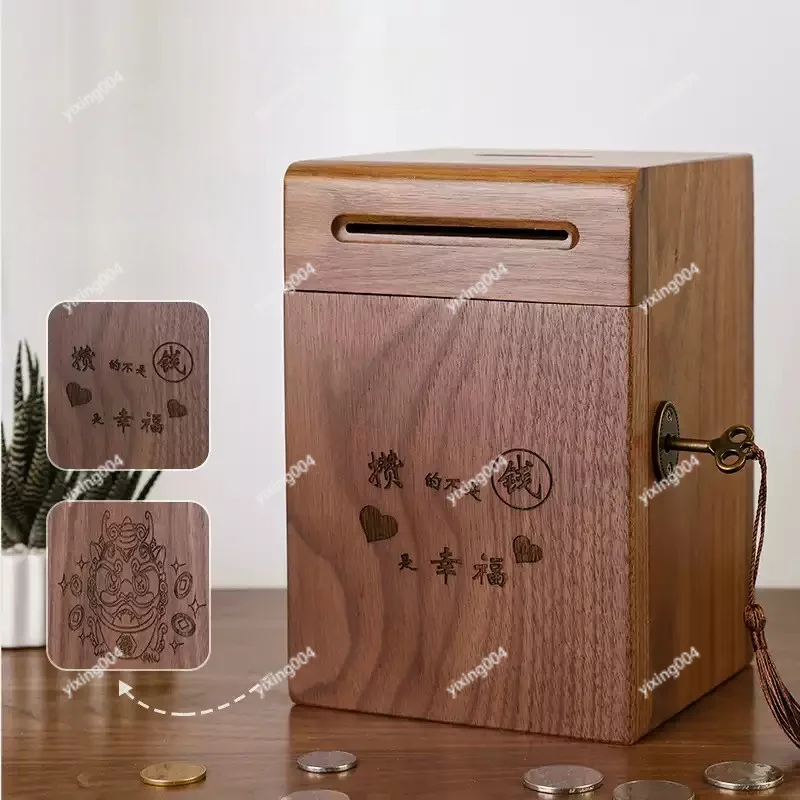 Handmade Walnut Locked Wood Saving Jar Solid Coin Storage Box Decorative Money Bank Adult Home Ornament