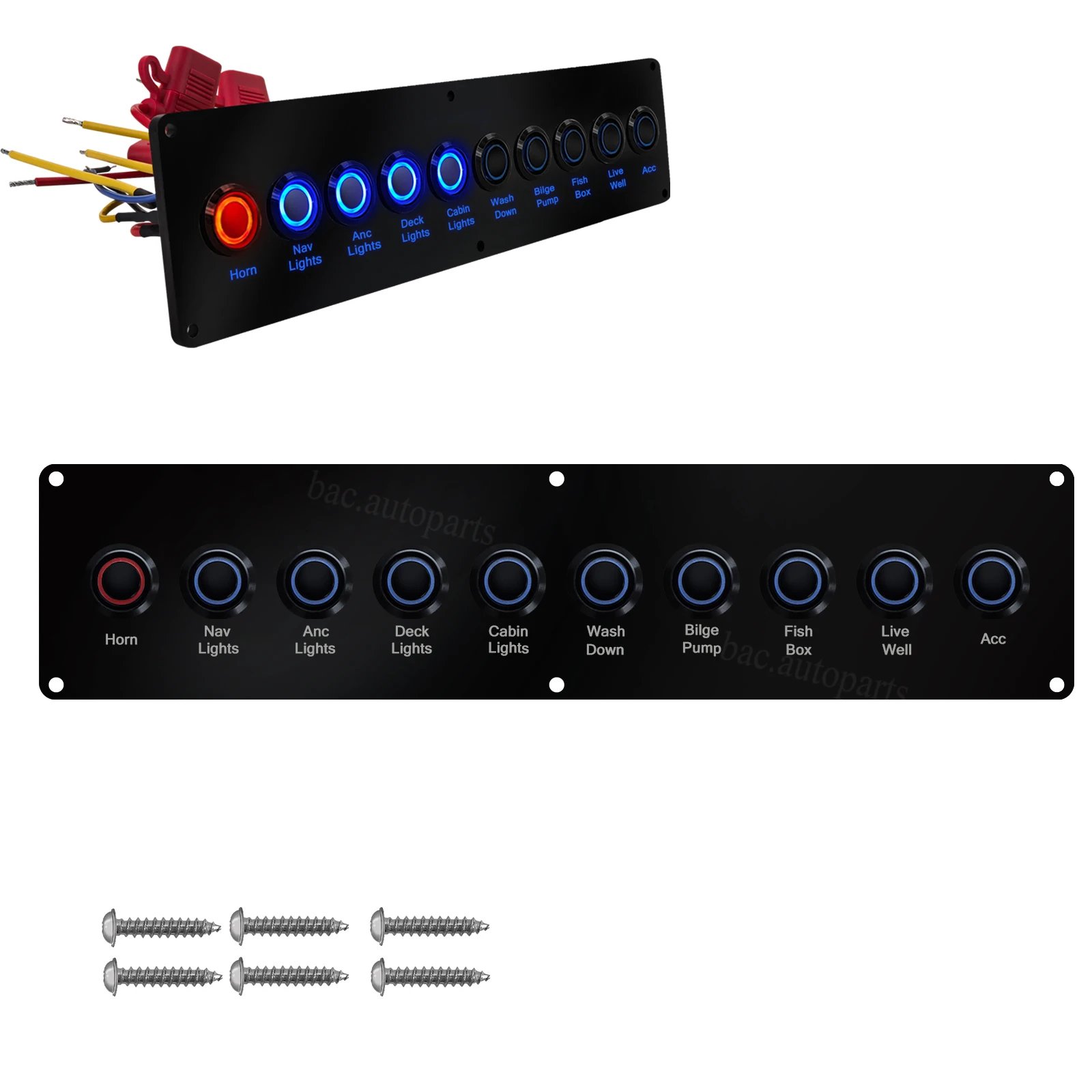 Marine Grade 10 Gang Push Button Switch Pre-Wired LED Dashboard Fuse VHF Radio ACC Cruise Control Water Pressure Pump Fish Box