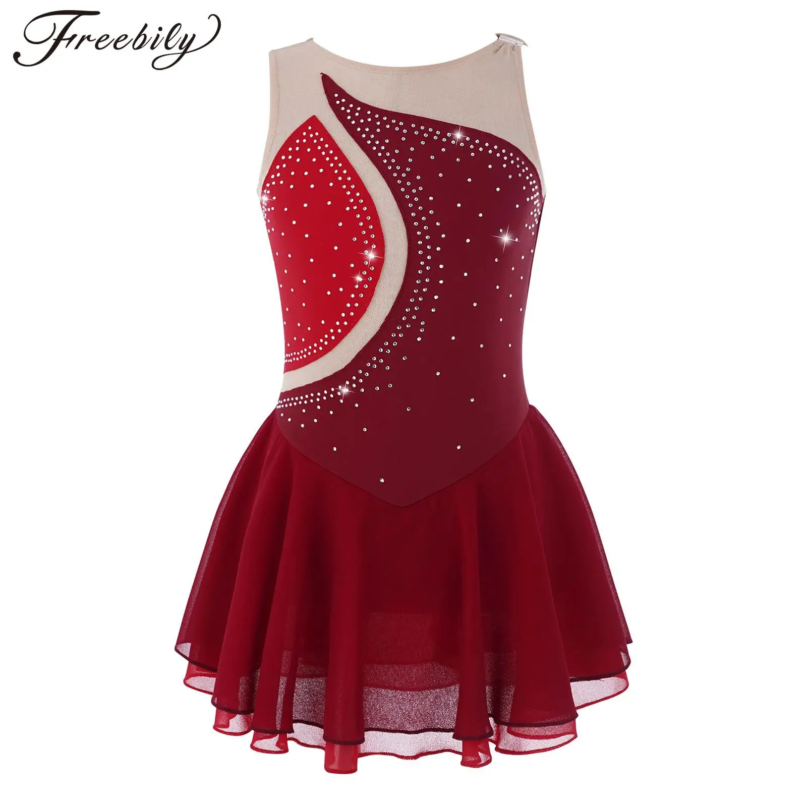 

Детское платье для фигурного катания для девочек, сетчатое трико без рукавов со стразами, пачка для балета, гимнастики, лирического танца, танцевальной одежды