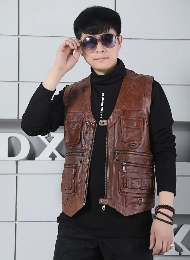 Men's Real Motorcycle Biker Multiple pockets Cow Genuine Leather Vest Men Waistcoat Sleeveless Jacket Tank Top