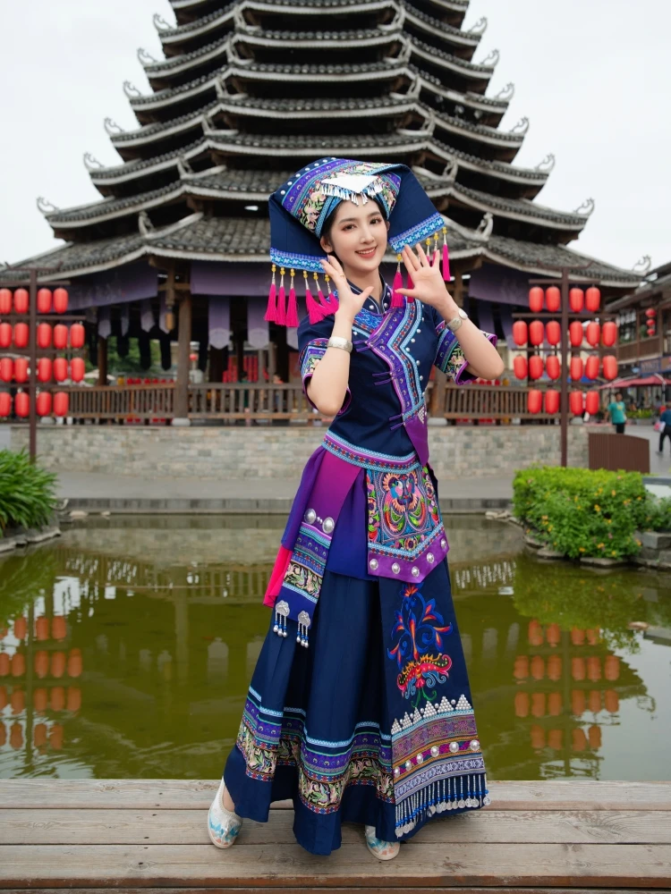 Guangxi Zhuang Clothing Female Ethnic Performing Costumes Minority Adult Brocade Embroidered Dress