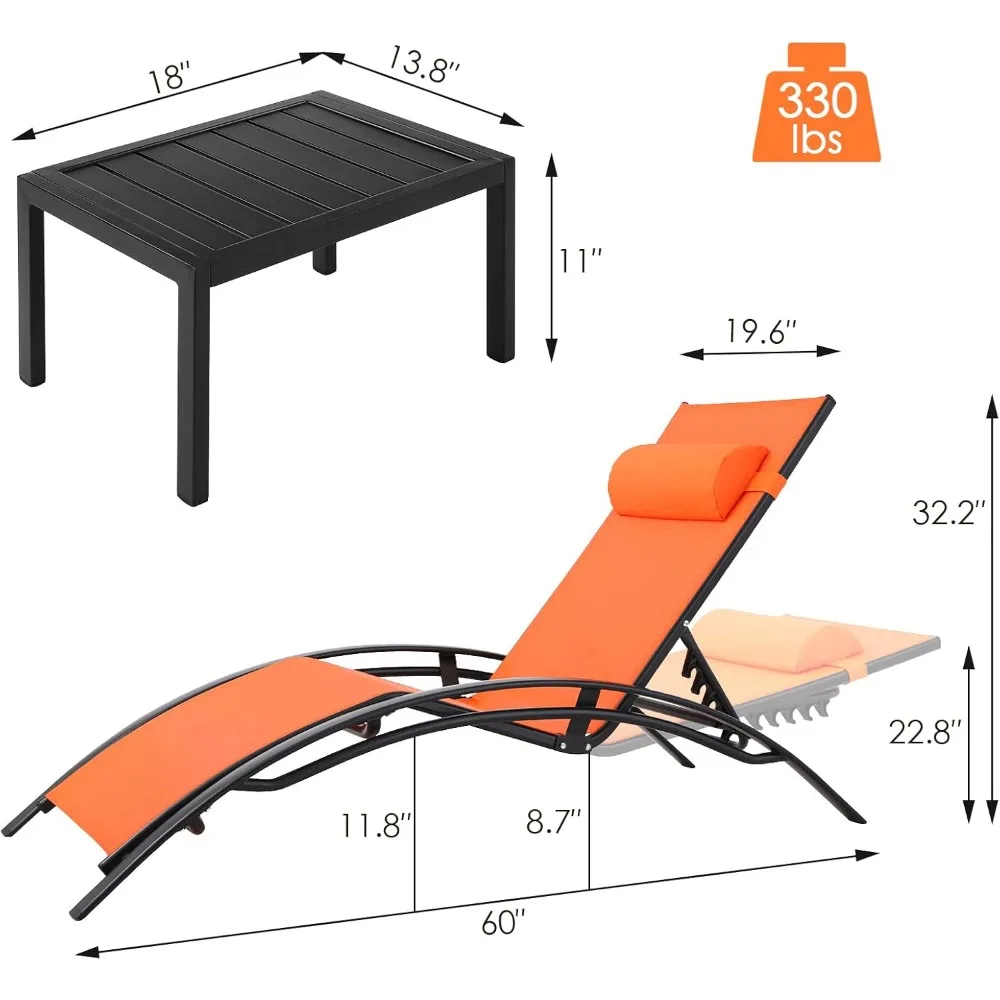 5-Level Adjustable Sunbathing Tanning Poolside Lounger Recliner Chairs With Side Table for Outdoor Beach (Orange Reclining Chair