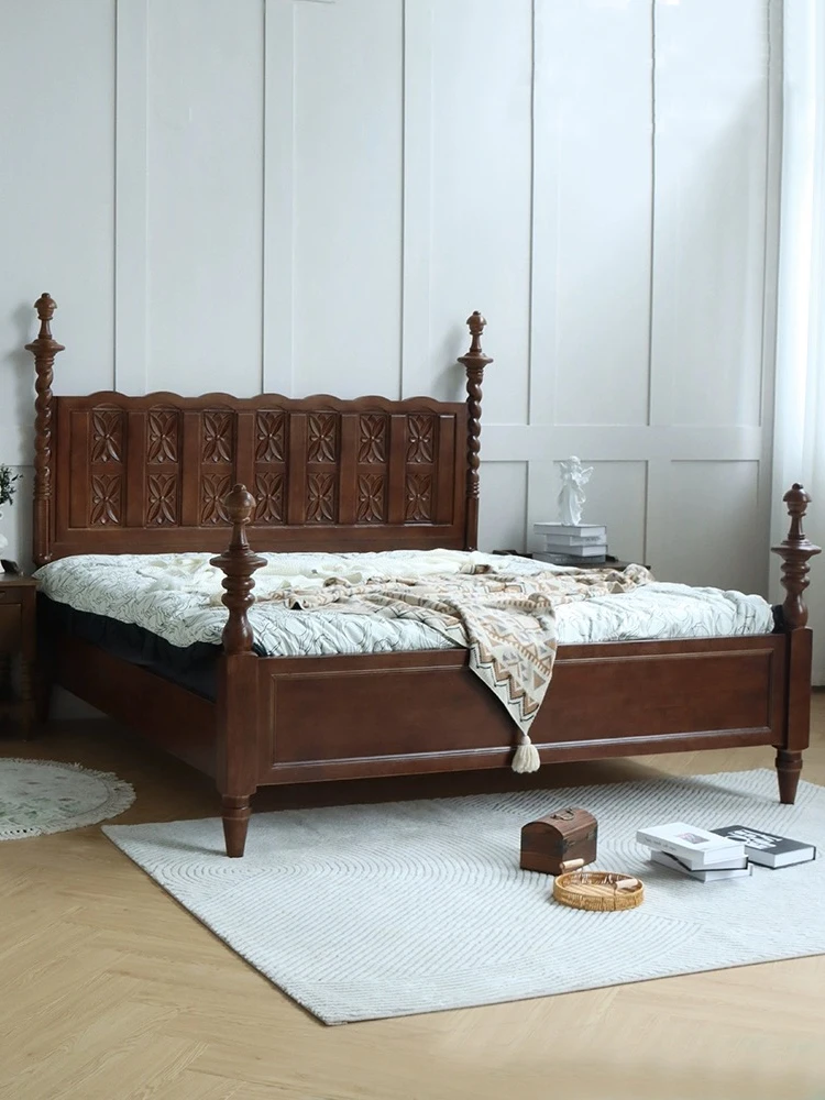 French retro solid wood bed double bed 1.8 meters 8 main bed modern simple medieval carved column bed