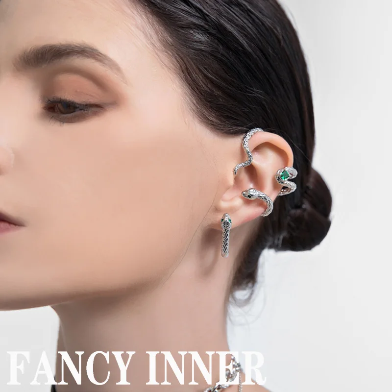 2022 New Snake Ear Clip Earring Punk Green Rhinestones No Pierced Cool Ears Earrings Ear Hook for Women Girls Jewelry