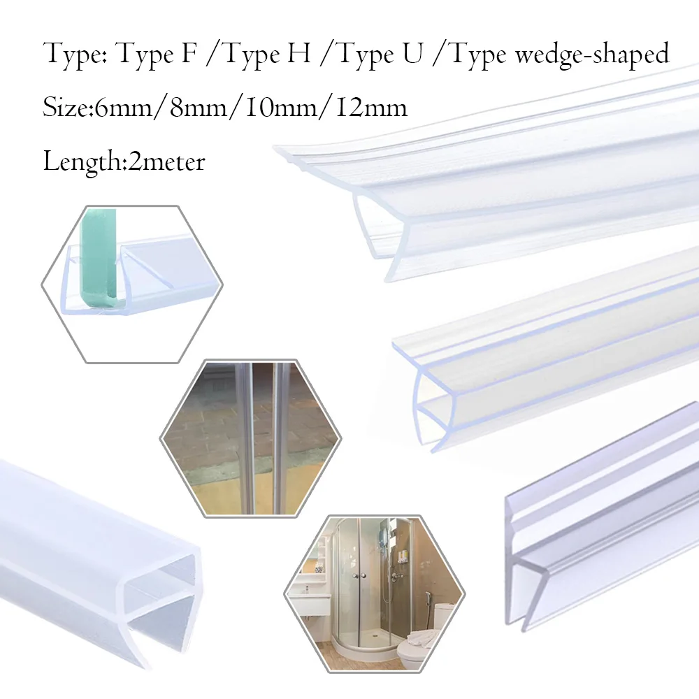 2M Waterproof Shower Door Seal Strip 6-12mm, Universal H/F/U Type Bath Screen Gaps Sealer for Glass Door Home Improvement