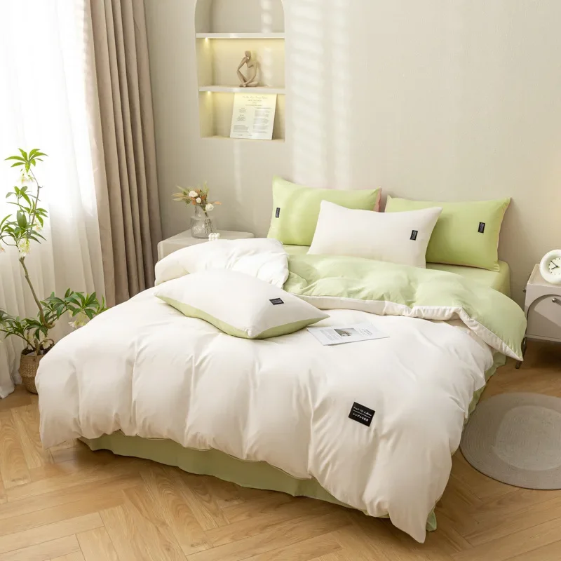 

Washed cotton and linen single duvet cover,contrasting color double splicing four piece set, suitable for sleeping naked