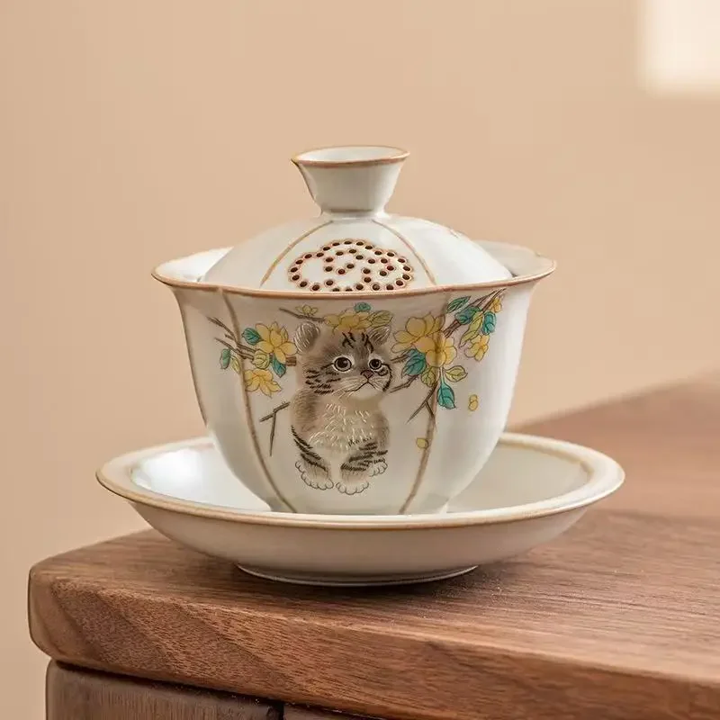 130ML Ru Kiln Cute Cat Three Talent Cover Bowl High-end Opening Can Be Raised TeaBowl Household Not Hot with Cover KungFu TeaSet