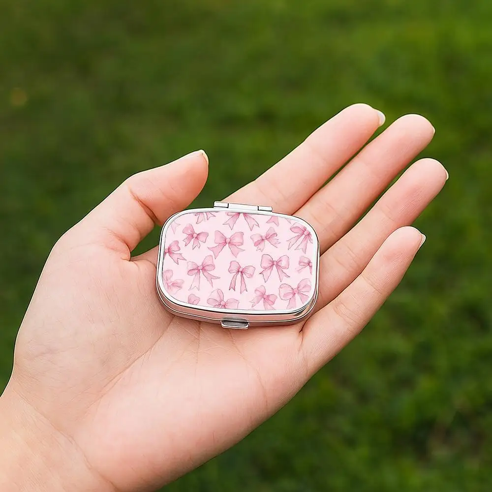 1 Piece, Plain Print, Light Pink Watercolor Bow Pattern, Rectangular Multi-Compartment Portable Pill Box, Sealed and Moisture-Proof, Can Store Vitamins and Pills, Convenient for Girls to Carry with Them, Can Also Be Used as a Gift, Plain Design