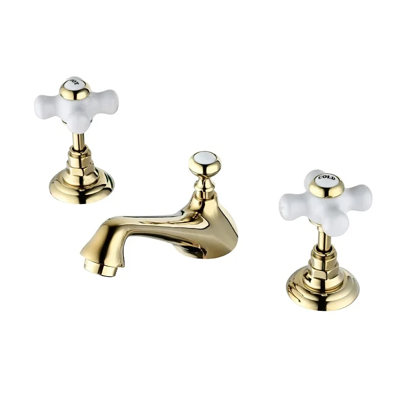 Luxury Gold Bathroom sink faucet Top Quality Hot cold water Wash basin Tap Artistic 3 Holes 2 Handles Lavabo faucet European