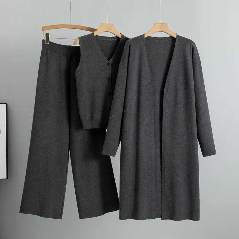 Cardigan Knitted Vest Wide Leg Pants Women Sweater Muslim Casual Long Ensemble Outfits Morocco Knitting Suit 3 Piece Sets Winter