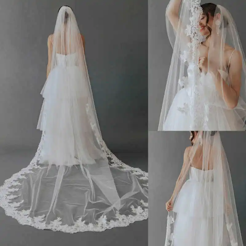 

Elegant Customized 2 Layers With Appliques Lace Cathedral Wedding Veils with Comb 3M Long White Ivory 2 T Bridal Veils