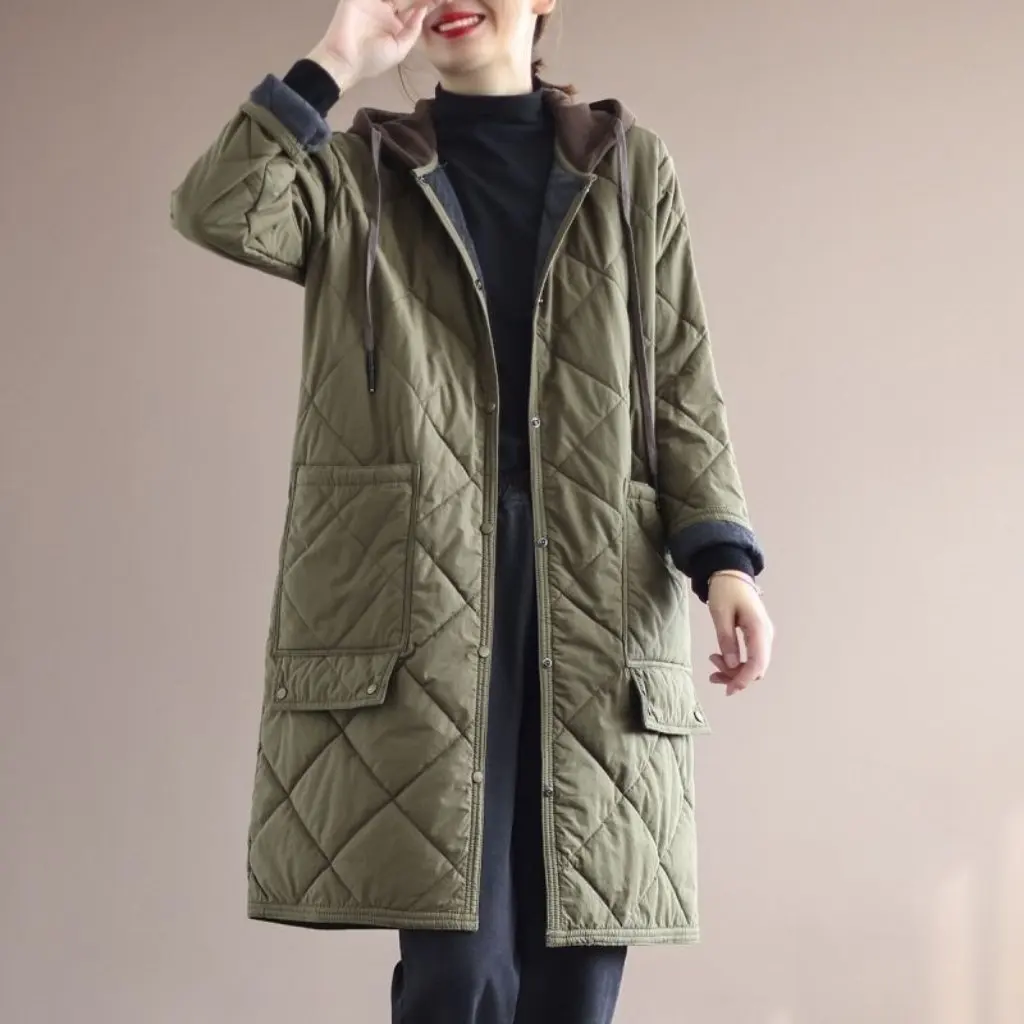 

Rhombus Plaid Cotton-Padded Jacket Loose Casual Mid-Length Women's Fashion Outerwear