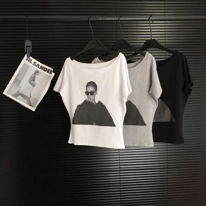 Summer Trend Sexy Printing Off Shoulder Short Sleeve T-Shirts Women Clothing All-match Irregular Loose Top Tee 2026 New Tshirt