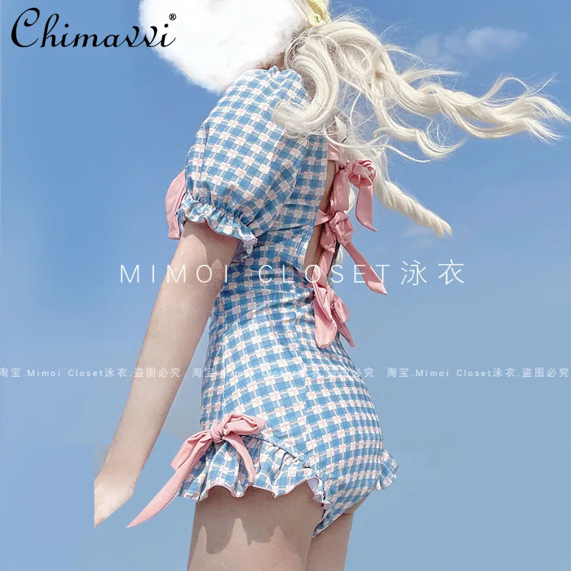 ลายสก๊อตสีฟ้าชุดว่ายน้ําผู้หญิงเสื้อผ้าฤดูร้อนใหม่ญี่ปุ่นน่ารักสาว One-piece Hot Spring ว่ายน้ําสาวหวานชุดว่ายน้ําเซ็กซี่