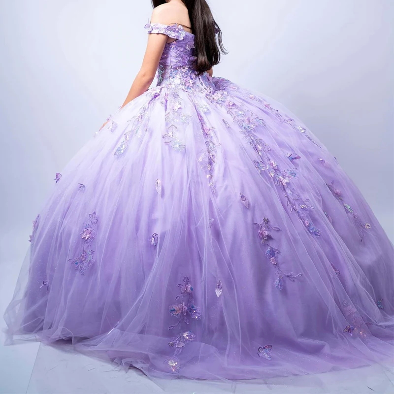 Lorencia-vestido De quinceañera con hombros descubiertos, corsé De tul con Apliques De encaje De mariposa 3D, dulce 16, 15 Años, YQD632