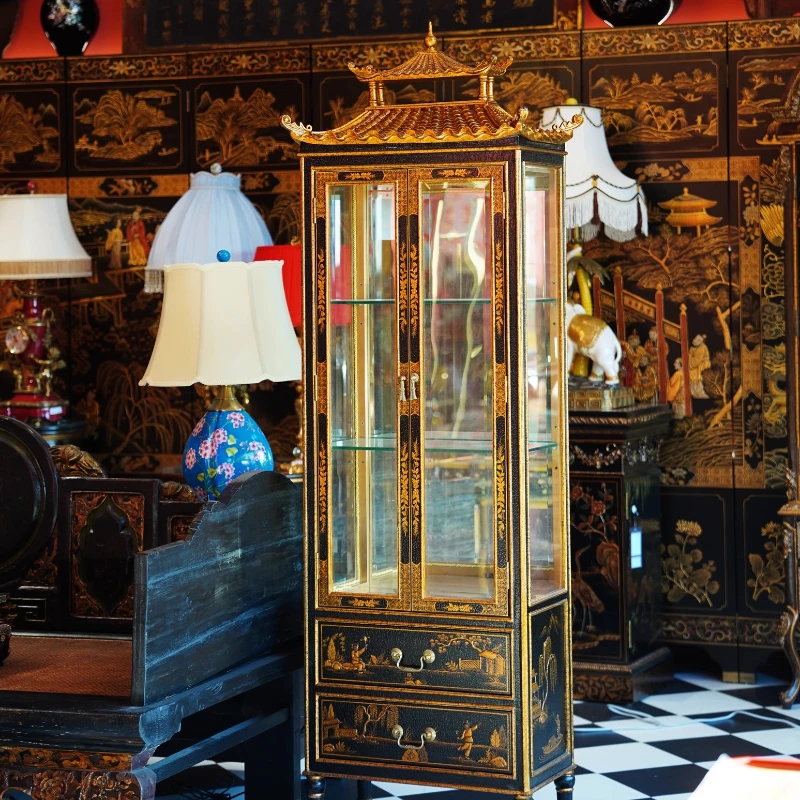 French Chinese style crack paint display cabinet wine cabinet 65 * 39 * 191cm