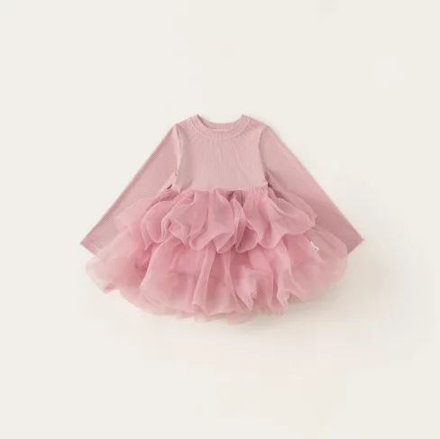 Kid Girl Adorable Long Sleeve Round Neck Cotton Blend Knitted Dress A Fluffy Multi Layered Chiffon Tulle Skirt for Children