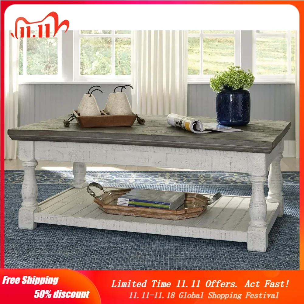 

Havalance Farmhouse Lift Top Coffee Table with Fixed Shelf and 2 Hidden Storage Trays, Gray & White with Weathered Finish