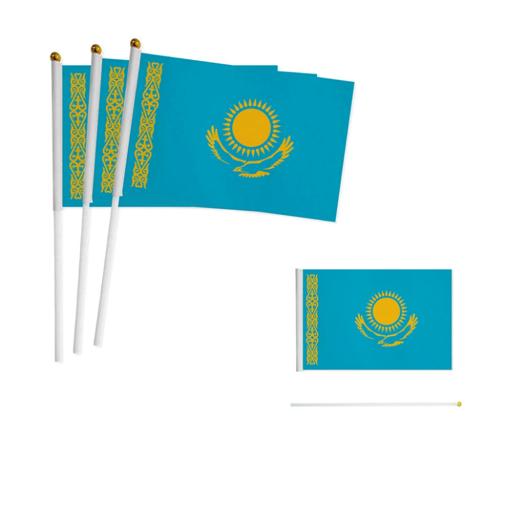 YIXIN Kazakhstan Hand Flag  14*21cmKazakhstan hand waving Flag  Polyester Double Side Printing KZ Hand Flag with plastic flagpol