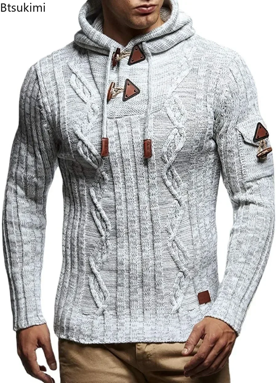 Outono inverno novo pulôver com capuz masculino suéteres manga longa conforto estiramento camisola moda masculina magro malha topos homem roupas