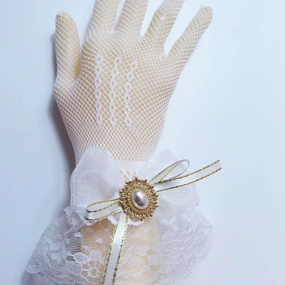 Punk Black White Lace Gloves Soft Elastic Flower Pattern Hollow Out Gloves Bow Ruffle Edge Mesh Gloves For Women Girls