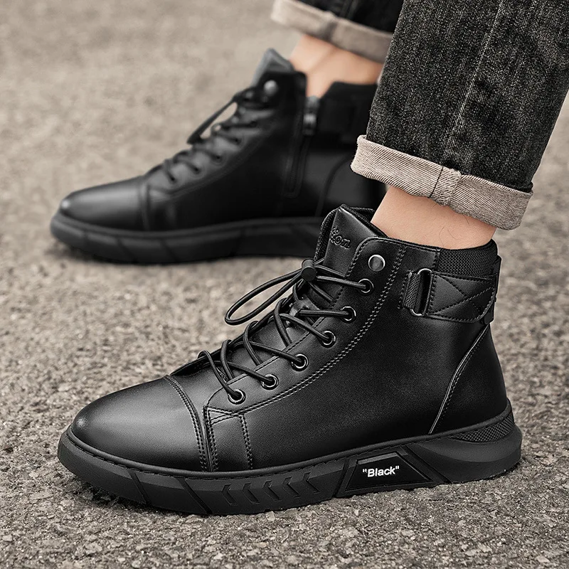 Spring Autumn Men Boots British Style Thick Soled Work Safety Boots Trend with Warm Soft Soled High Top Men Casual Leather Boots