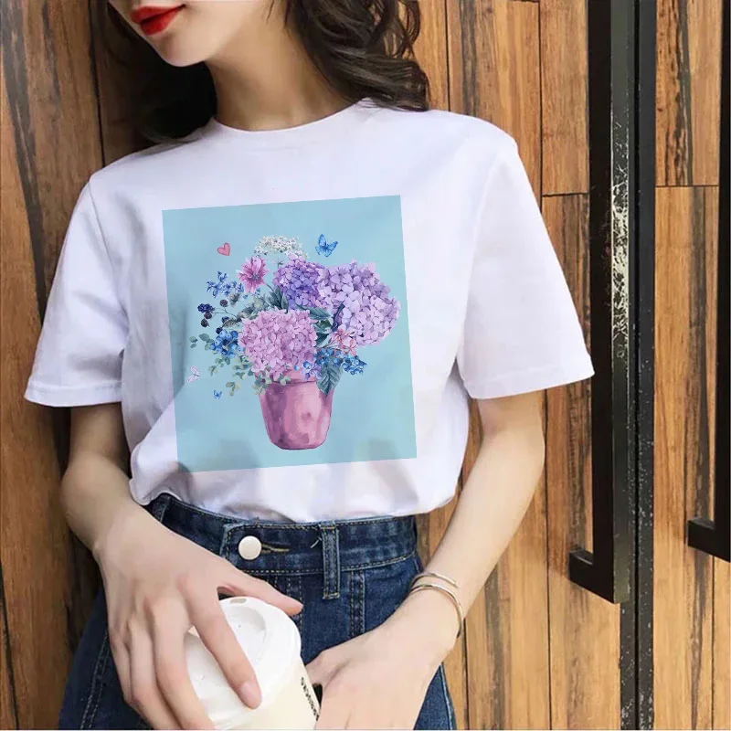 Ladies T Shirt Femme Summer Streetwear Retro Tees Harajuku Tops for Women Flower Graphics Shirt White Tee Cattoon Summer Clothes