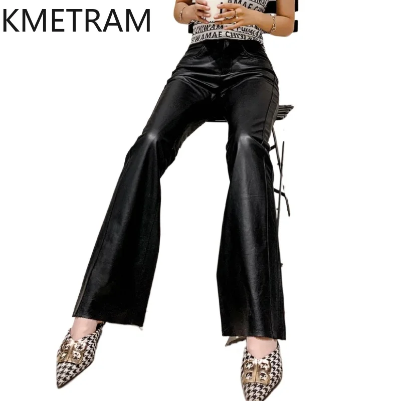 KMETRAM 100% Top Layer of Cowhide Women Pants Autumn 2025 Slim Flare Pants Genuine Leather Trousers Woman Clothing штаны
