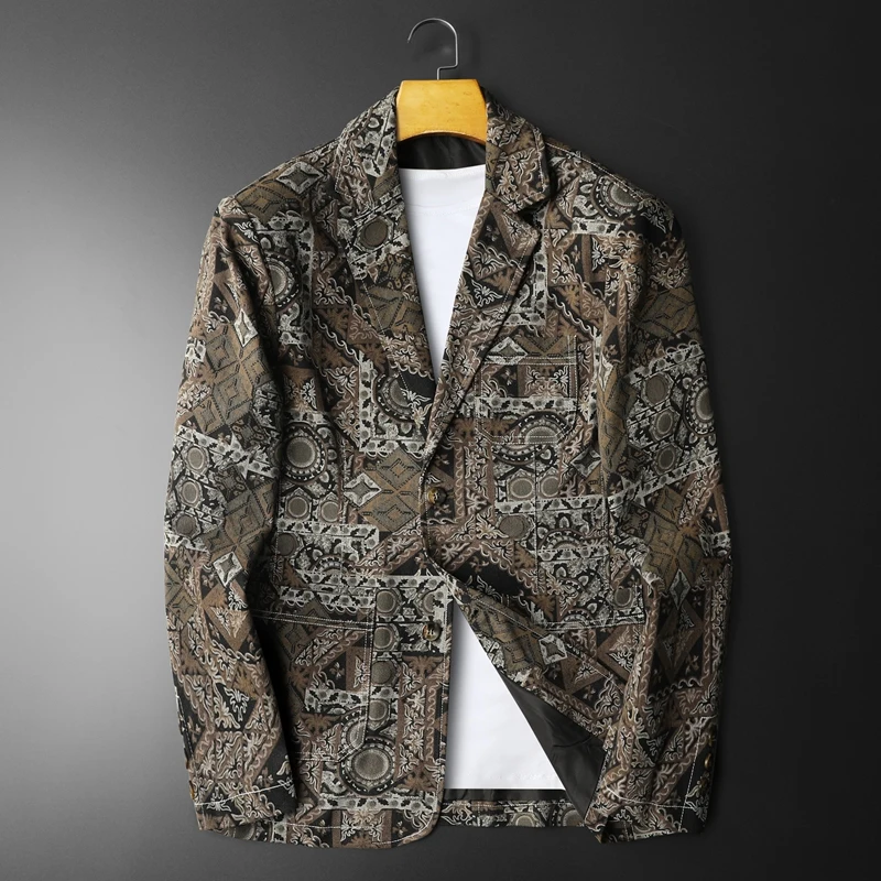 

High Quality Retro Printed Suit Jacket Men Slim Fit Business Social Blazers Men Banquet Party Casual Dress Blazer Costume Homme