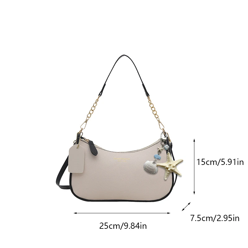 Einfarbige Kunstleder-Hobo-Tasche mit Muschel- und Kettenriemen, Casual-Stil, für Pendel- und Ausflugszwecke, Schulter- und Unterarmtaschen für Frauen – Detail 15